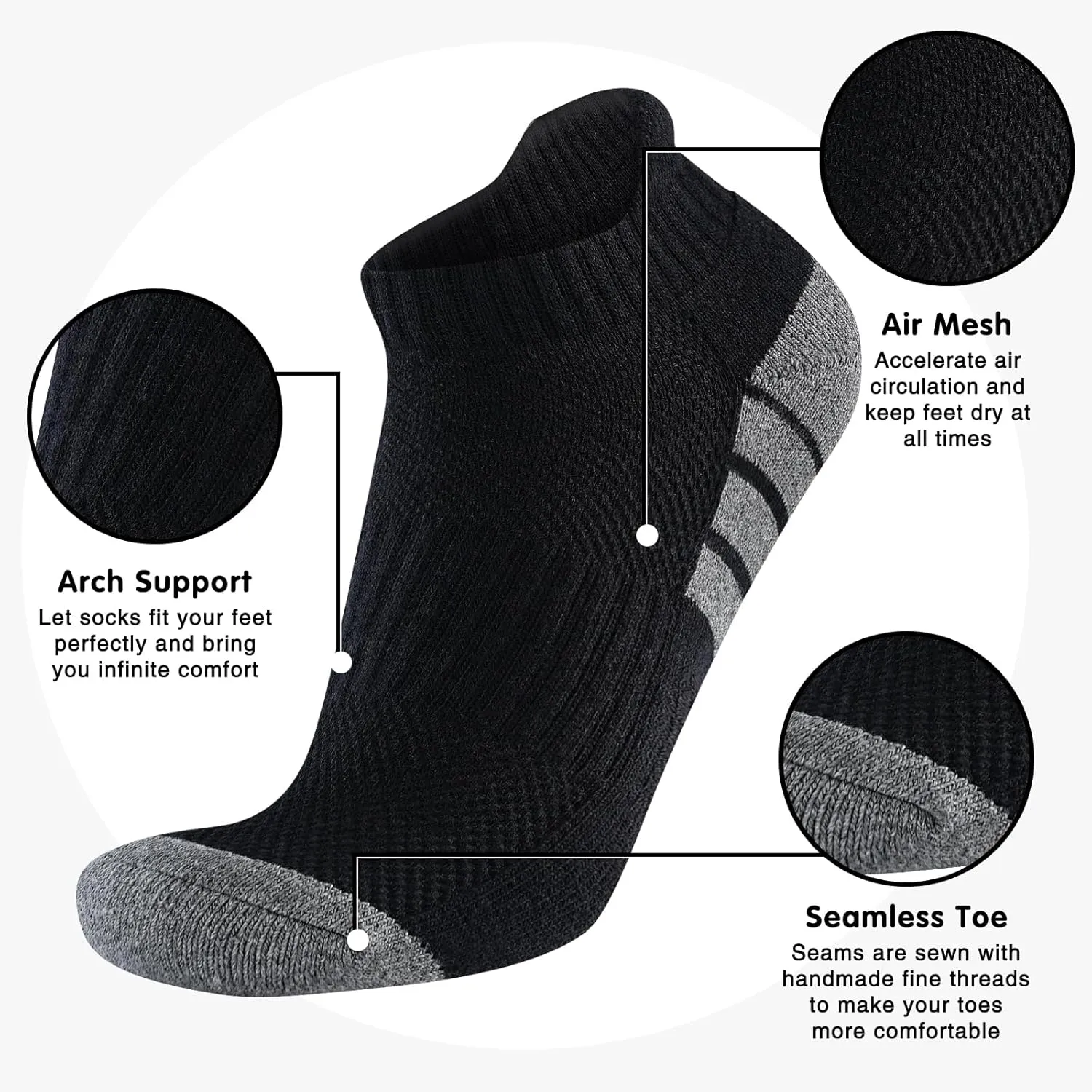 7 Pairs Mens 100% Cotton Cushioned Ankel Socks, Athletic Performance Running Moisture Wicking Breathable Low Cut Socks