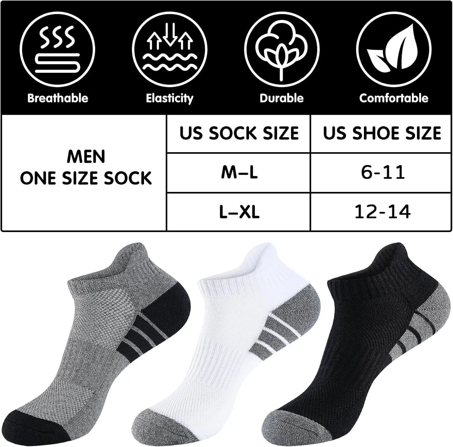 7 Pairs Mens 100% Cotton Cushioned Ankel Socks, Athletic Performance Running Moisture Wicking Breathable Low Cut Socks
