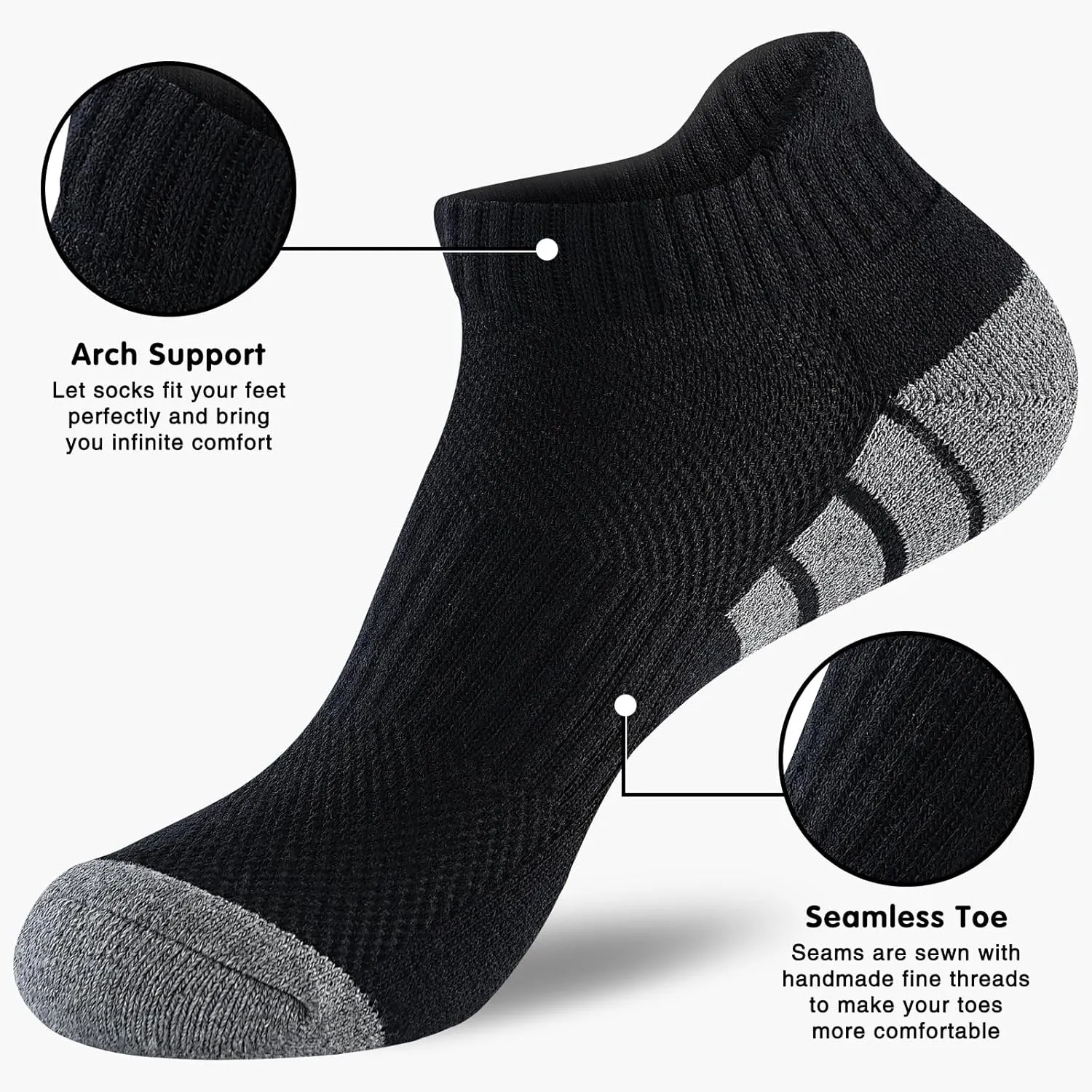 7 Pairs Mens 100% Cotton Cushioned Ankel Socks, Athletic Performance Running Moisture Wicking Breathable Low Cut Socks