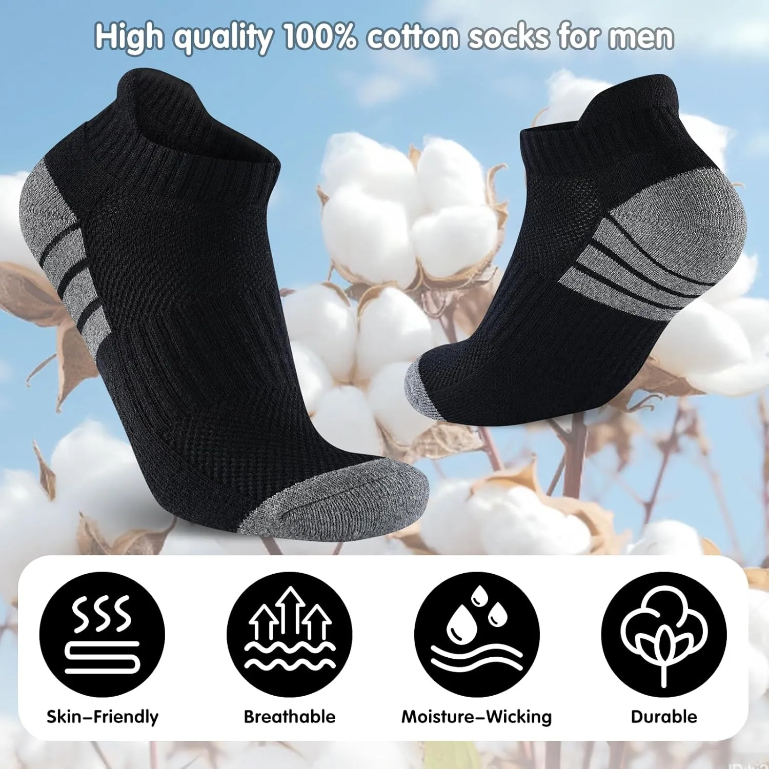 7 Pairs Mens 100% Cotton Cushioned Ankel Socks, Athletic Performance Running Moisture Wicking Breathable Low Cut Socks