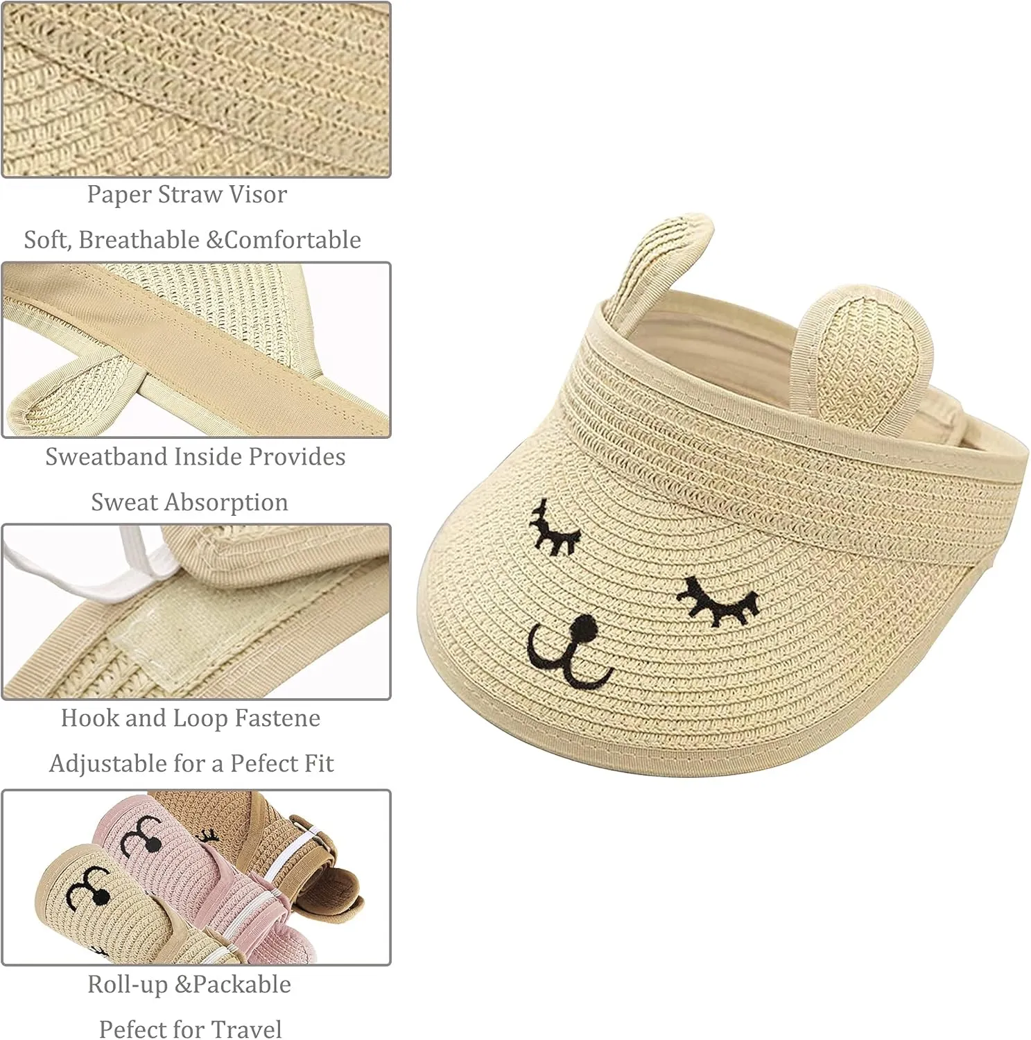 Baby Roll-up Straw Visor Hat Sun Hat, Kid Toddler Wide Brim Cute Bunny Ponytail Summer Beach Sun Hat Adjustable for 1-4 Years