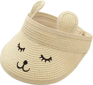 Baby Roll-up Straw Visor Hat Sun Hat, Kid Toddler Wide Brim Cute Bunny Ponytail Summer Beach Sun Hat Adjustable for 1-4 Years