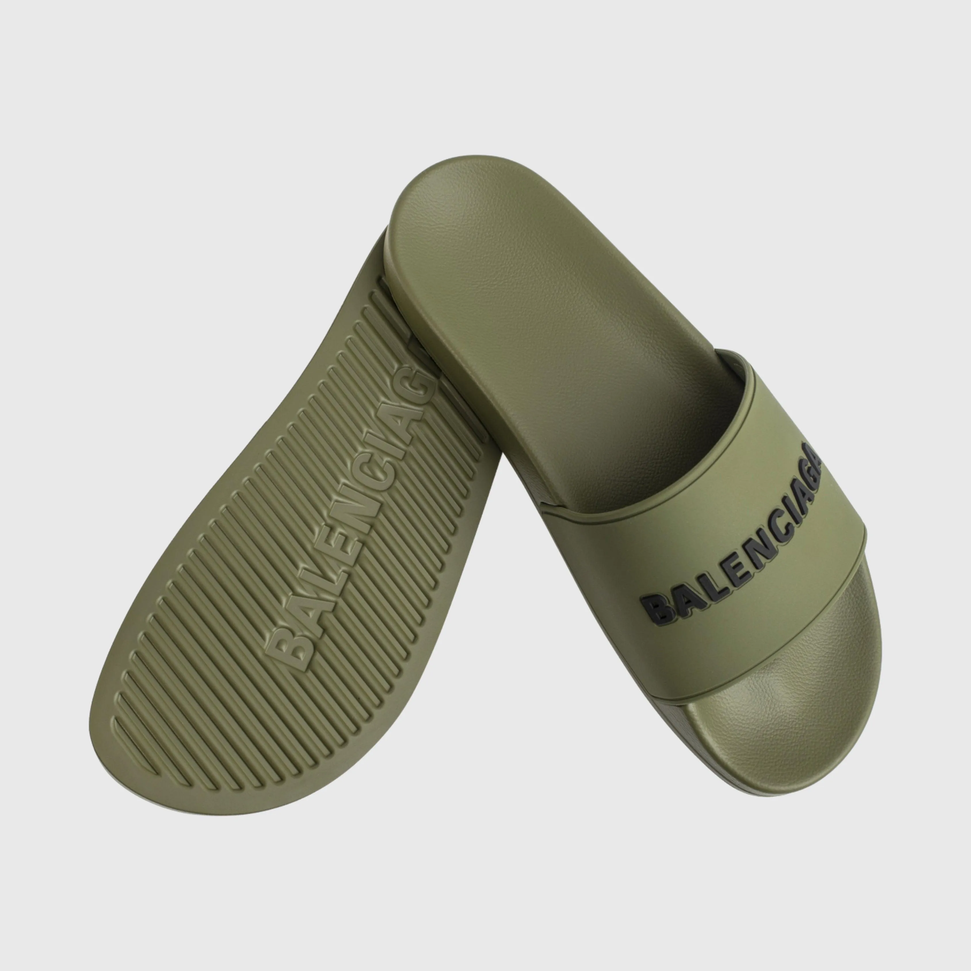 Balenciaga Logo Print Pool Slides - Khaki