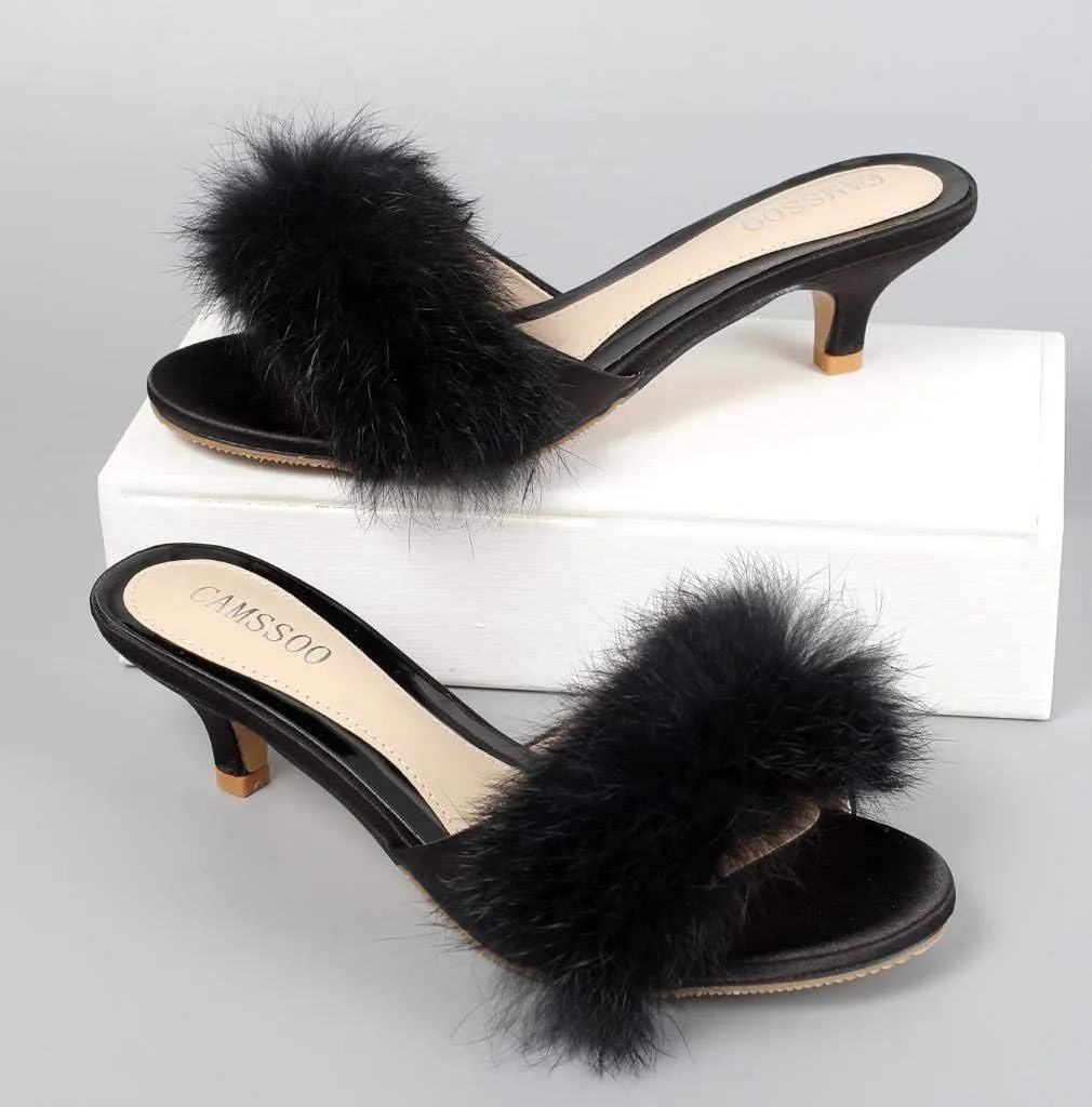 CAMSSOO Women's Satin Kitten Heels Mules Sandals Slip On Bowknot Open Toe Backless Dress Sexy Low Heeled Slipper Slides
