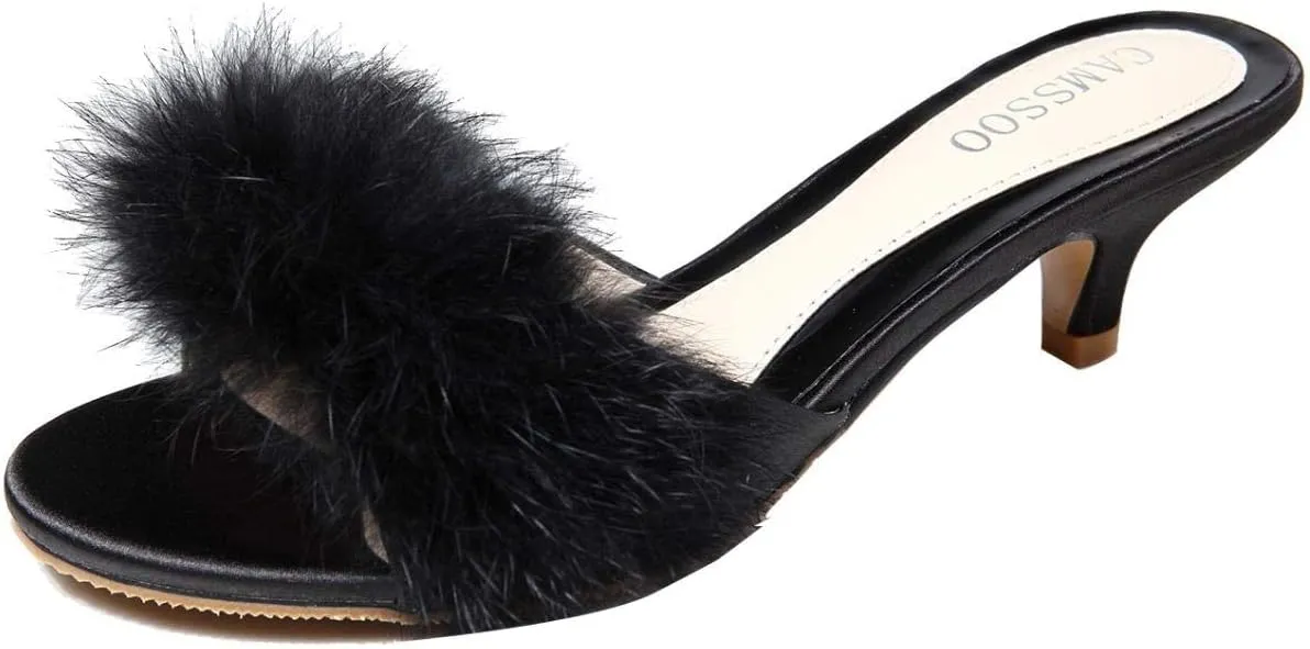CAMSSOO Women's Satin Kitten Heels Mules Sandals Slip On Bowknot Open Toe Backless Dress Sexy Low Heeled Slipper Slides