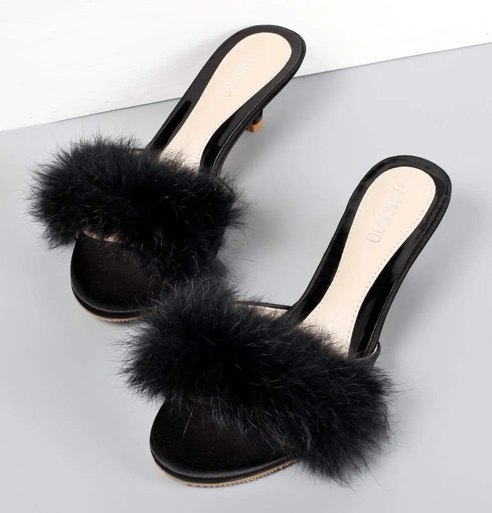CAMSSOO Women's Satin Kitten Heels Mules Sandals Slip On Bowknot Open Toe Backless Dress Sexy Low Heeled Slipper Slides
