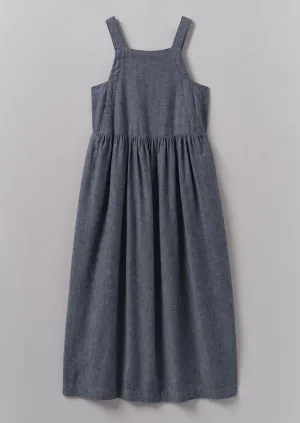 Cotton Linen Twill Gathered Waist Dress | Indigo Blue