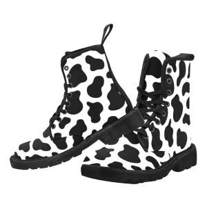 Cow Print Women's Boots, Animal Print Farm Vegan Canvas Lace Up Shoes Black White Army Ankle Ladies Female Combat Winter Casual Custom Gift