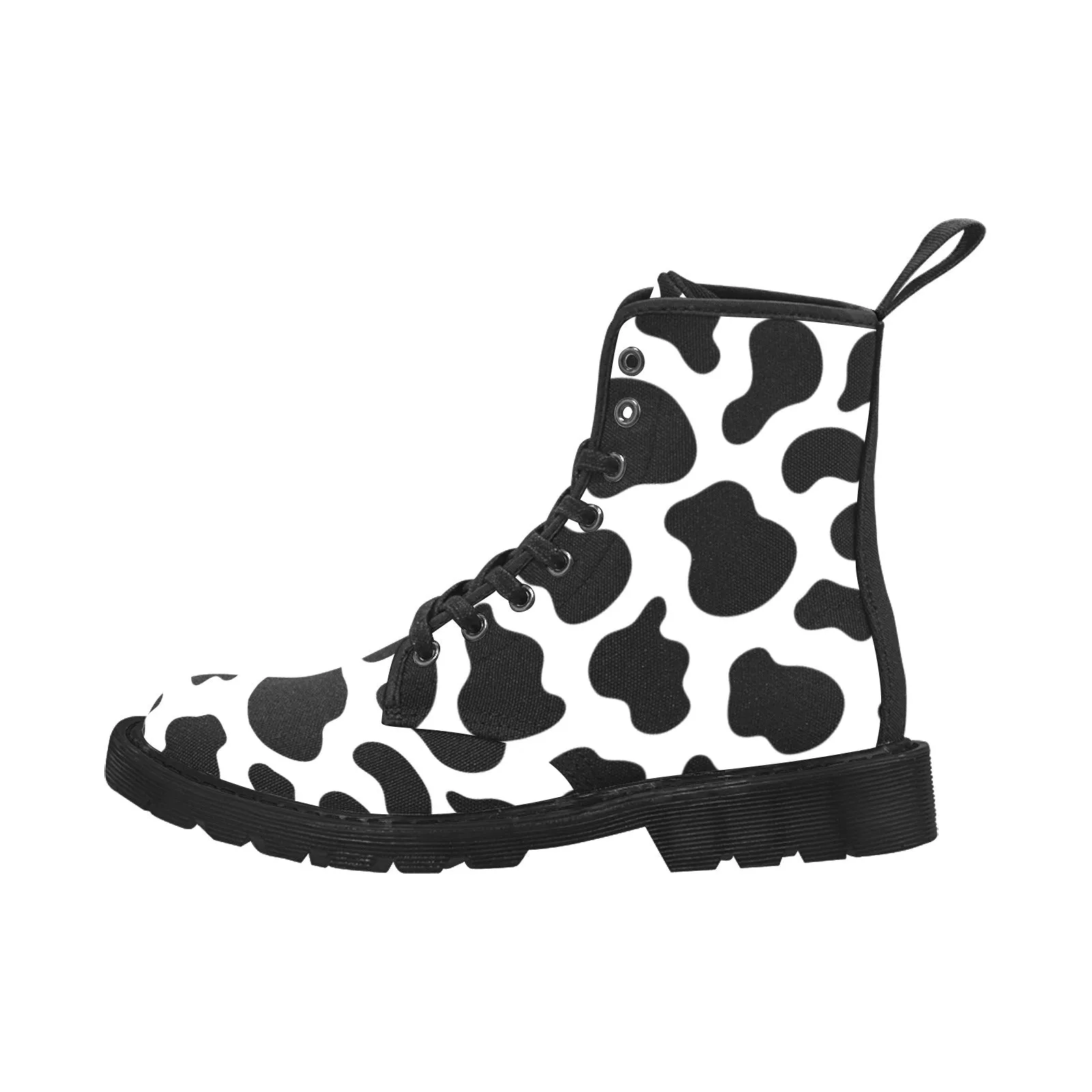 Cow Print Women's Boots, Animal Print Farm Vegan Canvas Lace Up Shoes Black White Army Ankle Ladies Female Combat Winter Casual Custom Gift