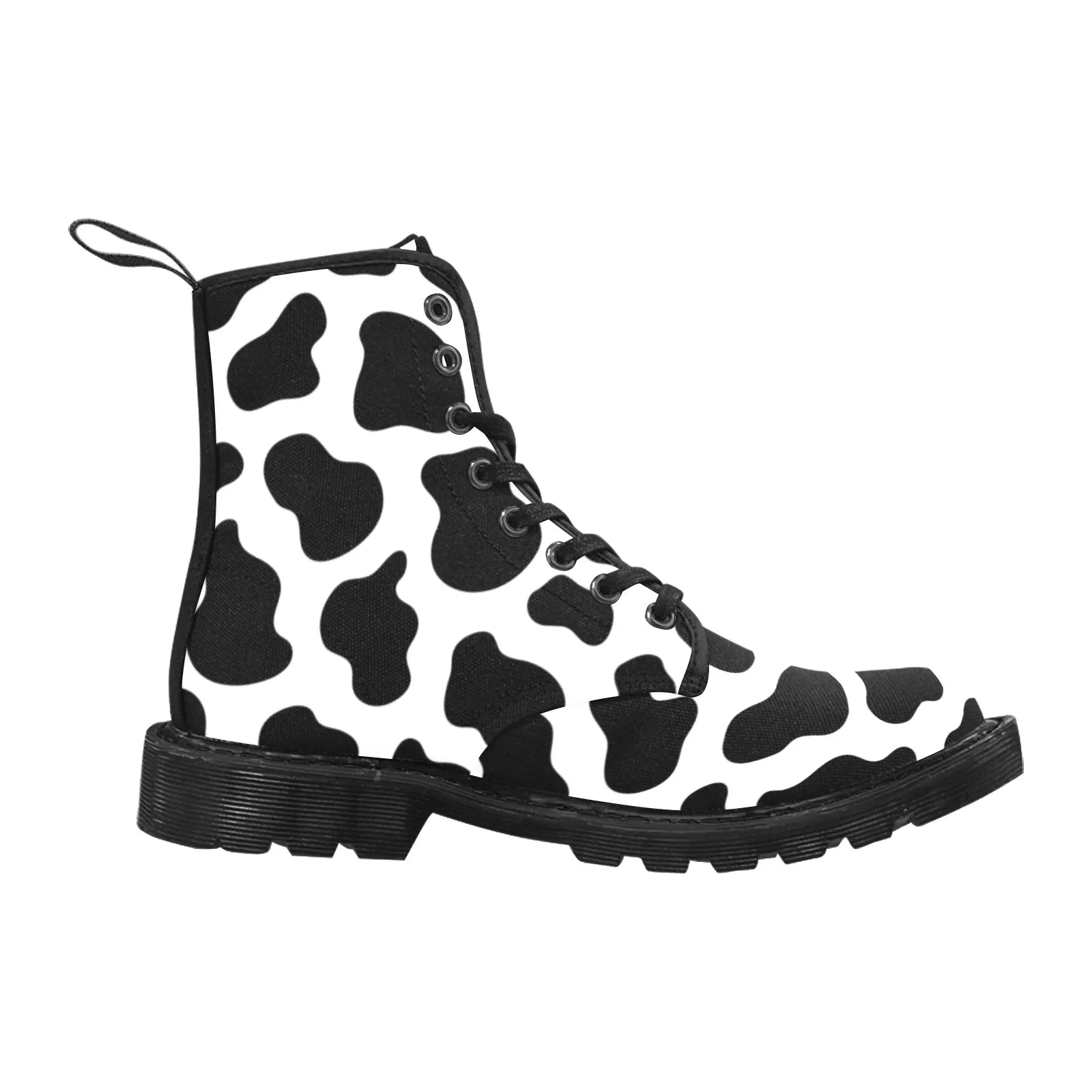 Cow Print Women's Boots, Animal Print Farm Vegan Canvas Lace Up Shoes Black White Army Ankle Ladies Female Combat Winter Casual Custom Gift