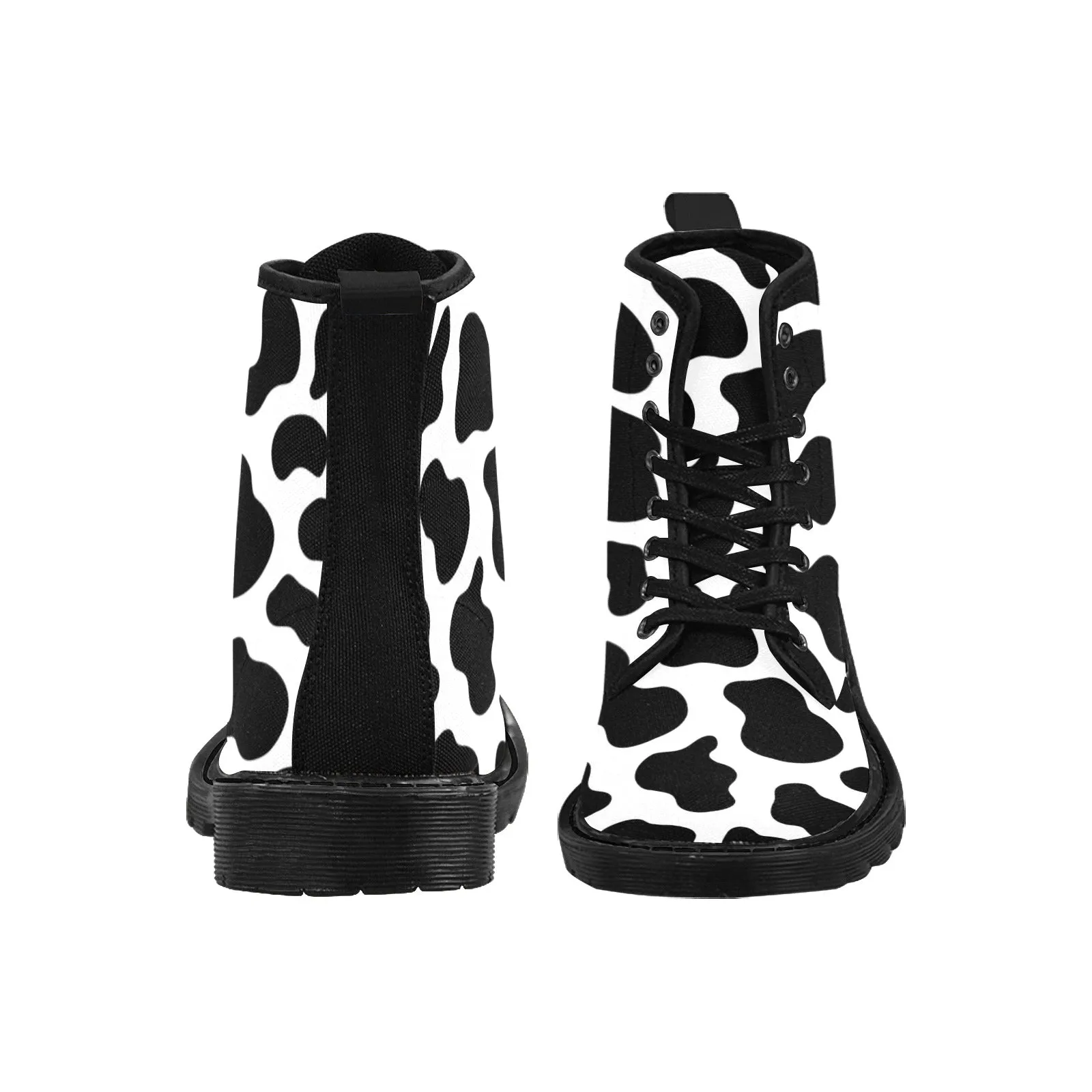 Cow Print Women's Boots, Animal Print Farm Vegan Canvas Lace Up Shoes Black White Army Ankle Ladies Female Combat Winter Casual Custom Gift