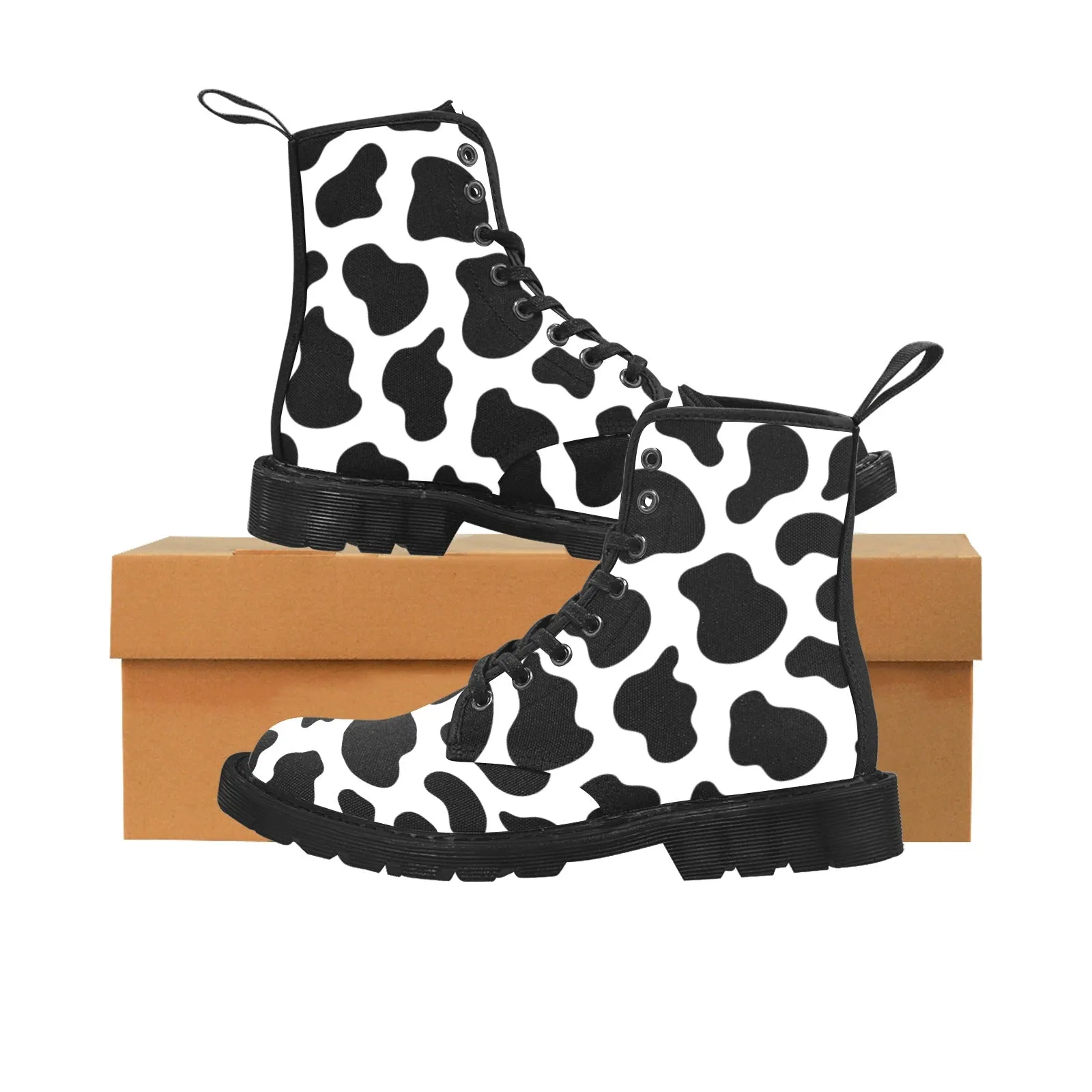 Cow Print Women's Boots, Animal Print Farm Vegan Canvas Lace Up Shoes Black White Army Ankle Ladies Female Combat Winter Casual Custom Gift