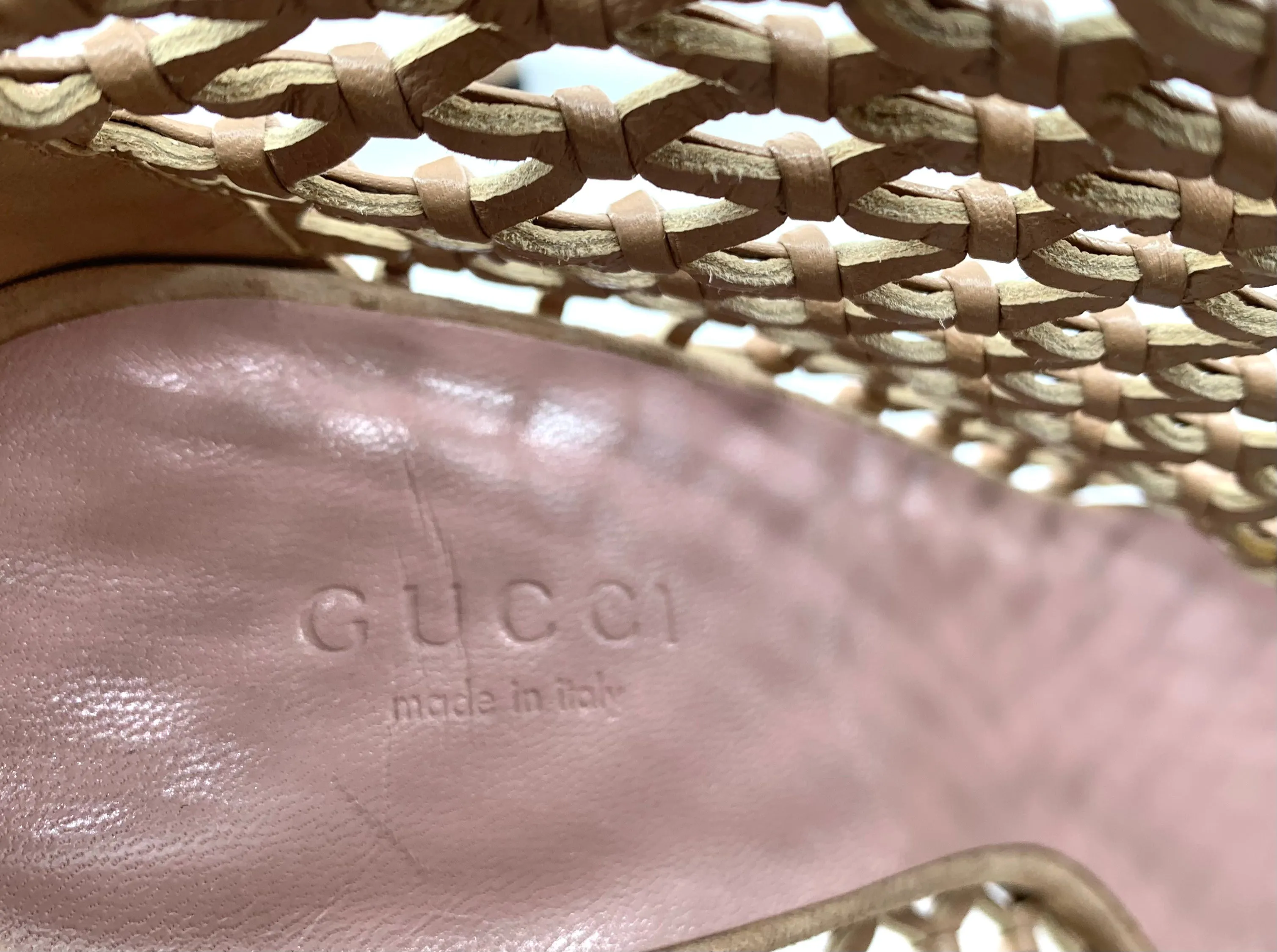 Gucci Beige Eline Leather & Suede Cage Stiletto Booties, New/Old