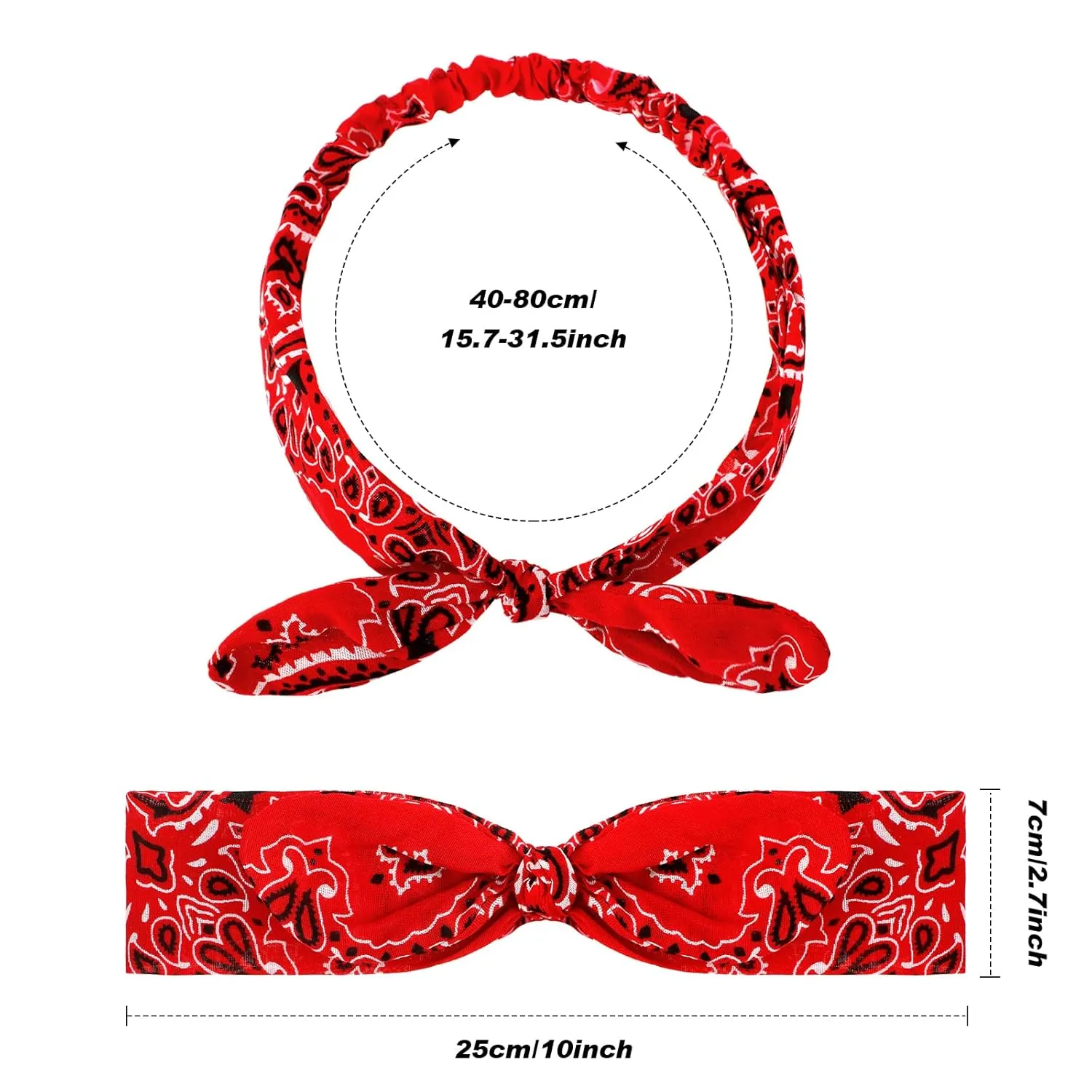 Hicarer 2 Pieces Bandana Headband for Women, Knot Retro Print Bandana Paisley Print Headband Adjustable Headwrap(Red, Black)
