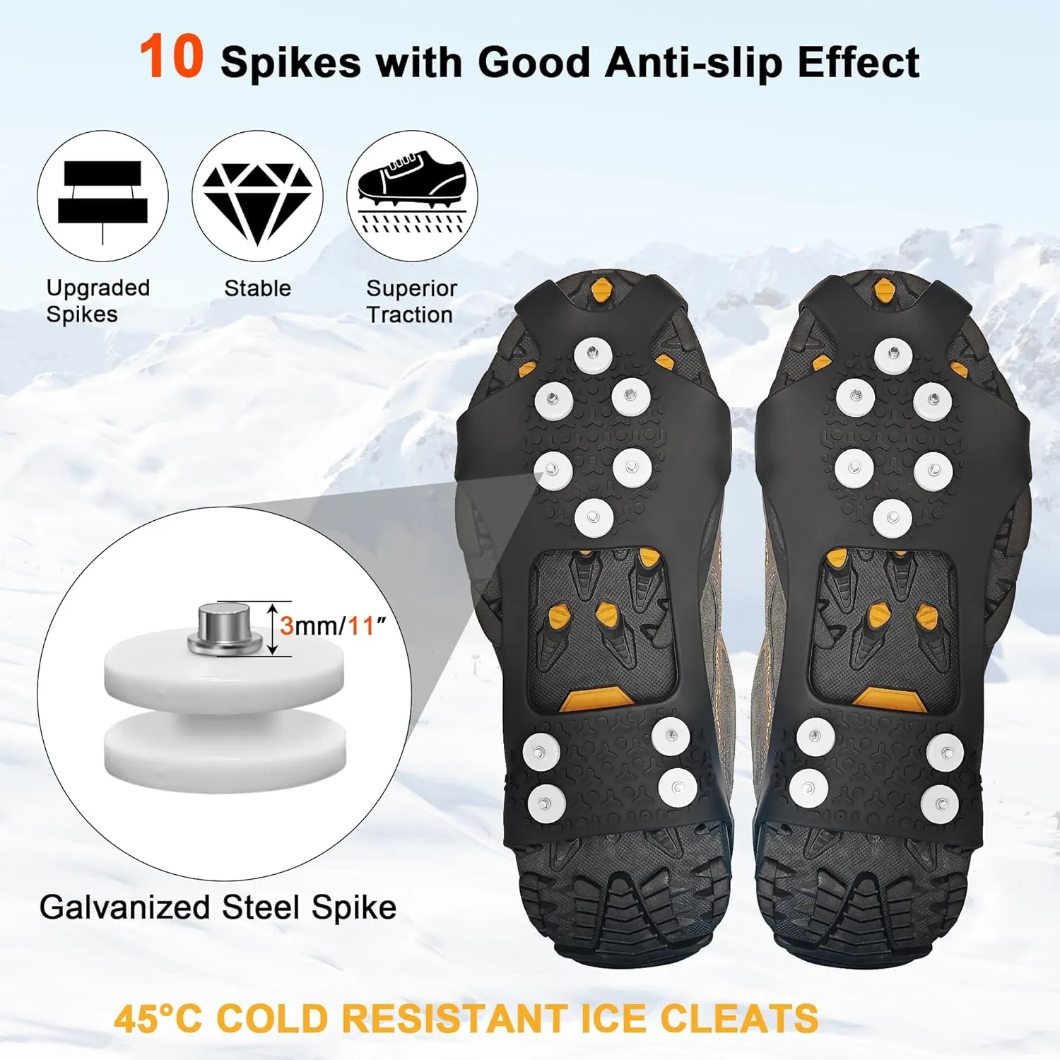 ice Snow Grips: 10 Nail Spikes, Stretchable Snow Grips for Men Women. Ideal for Winter Activities Like Walking, Running, Hiking, Mountaineering, Ice Fishing, or Dog-Walking