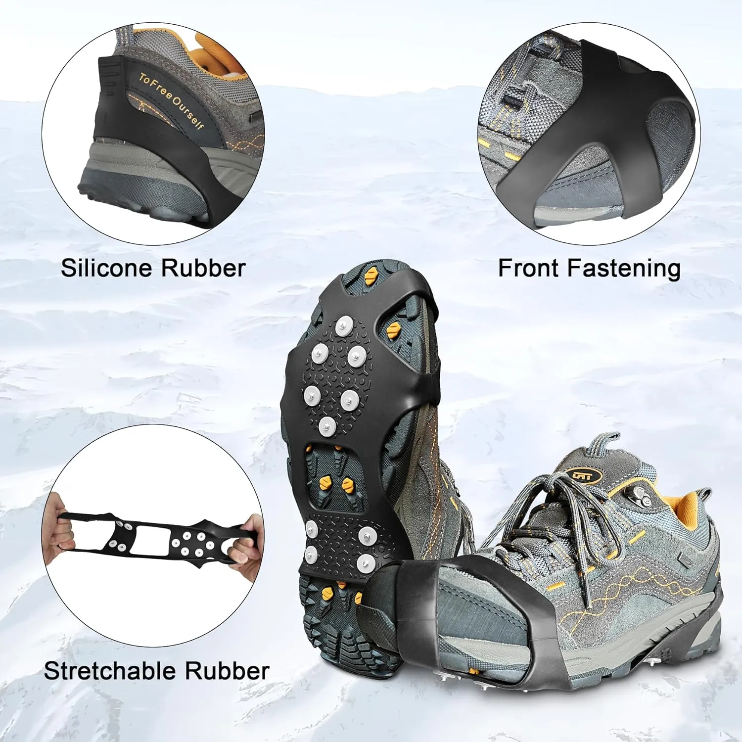 ice Snow Grips: 10 Nail Spikes, Stretchable Snow Grips for Men Women. Ideal for Winter Activities Like Walking, Running, Hiking, Mountaineering, Ice Fishing, or Dog-Walking