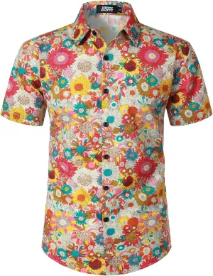 JOGAL Men's Flower Casual Short Sleeve Aloha Hawaiian Shirt