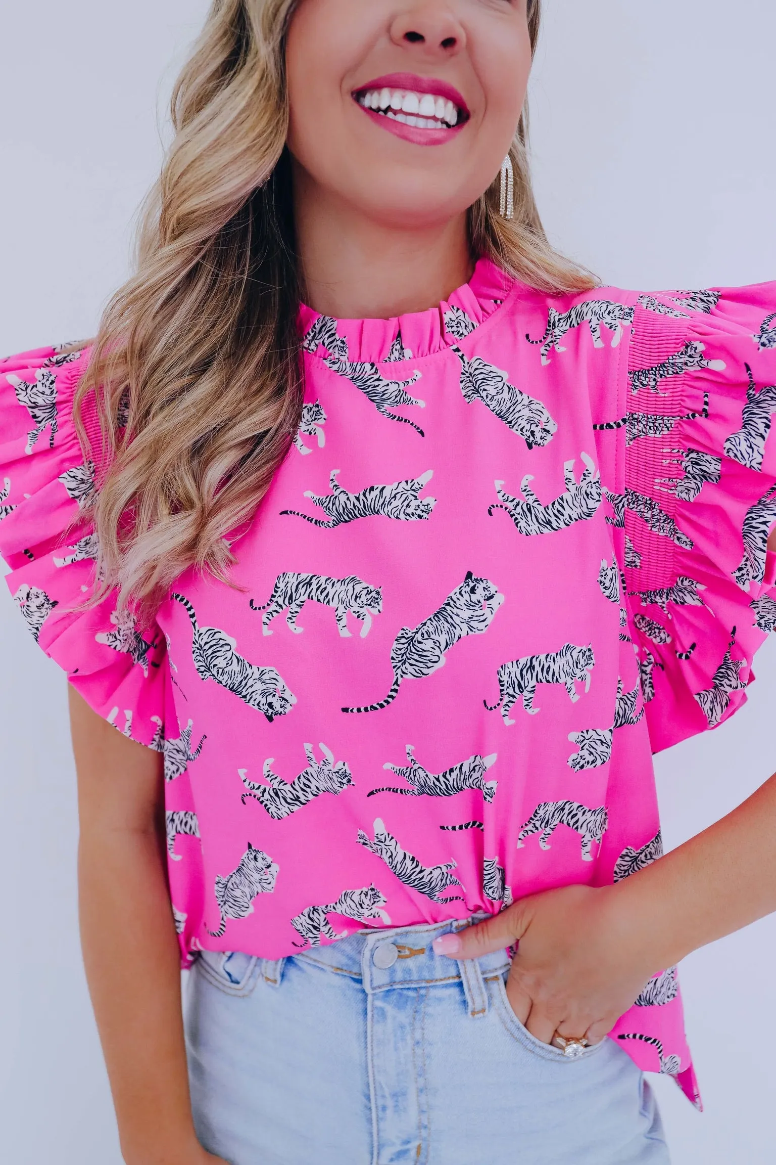 Rajah Ruffle Sleeve Printed Top - Pink