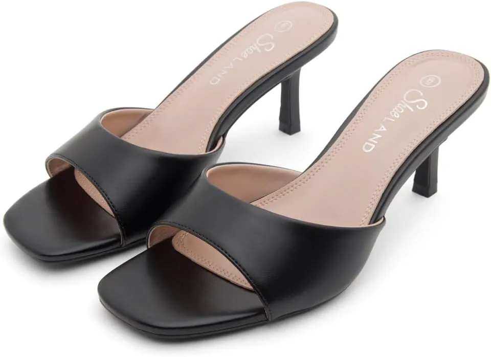 Shoe Land Women's Low Heels Stiletto Heeled Slides, Open Toe One Band Slip-On Heeled Mules ?C Dressy Heeled Sandals for Prom, Party Wedding and Vacation
