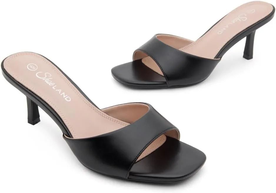Shoe Land Women's Low Heels Stiletto Heeled Slides, Open Toe One Band Slip-On Heeled Mules ?C Dressy Heeled Sandals for Prom, Party Wedding and Vacation