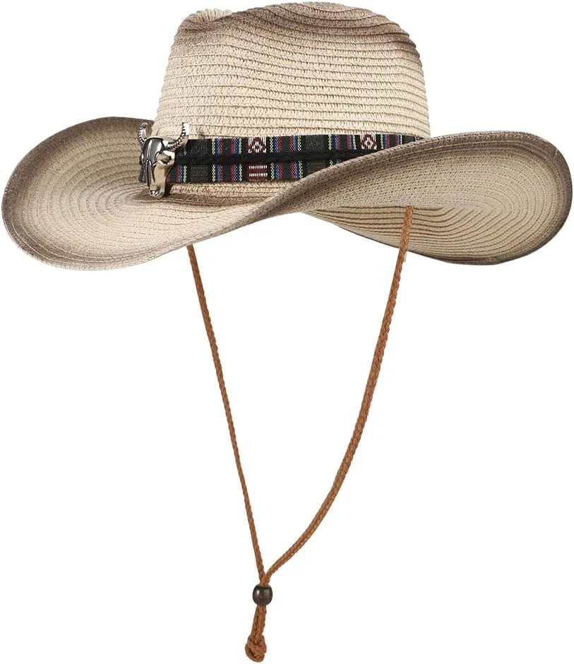 Straw Cowboy Cowgirl Hat Wide Brim Woven Western Cap UPF 50  Beach Sun Hat Shapeable Packable Fedora Cap for Men Women