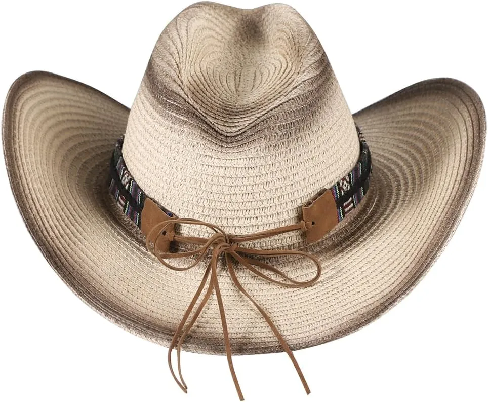 Straw Cowboy Cowgirl Hat Wide Brim Woven Western Cap UPF 50  Beach Sun Hat Shapeable Packable Fedora Cap for Men Women