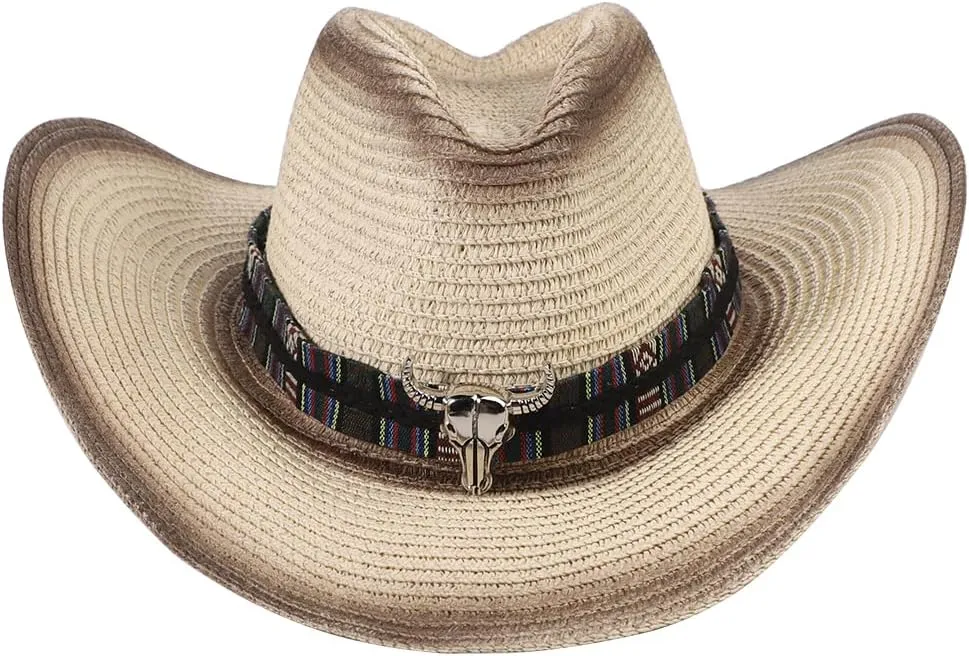 Straw Cowboy Cowgirl Hat Wide Brim Woven Western Cap UPF 50  Beach Sun Hat Shapeable Packable Fedora Cap for Men Women