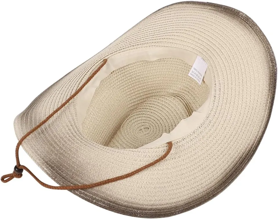 Straw Cowboy Cowgirl Hat Wide Brim Woven Western Cap UPF 50  Beach Sun Hat Shapeable Packable Fedora Cap for Men Women
