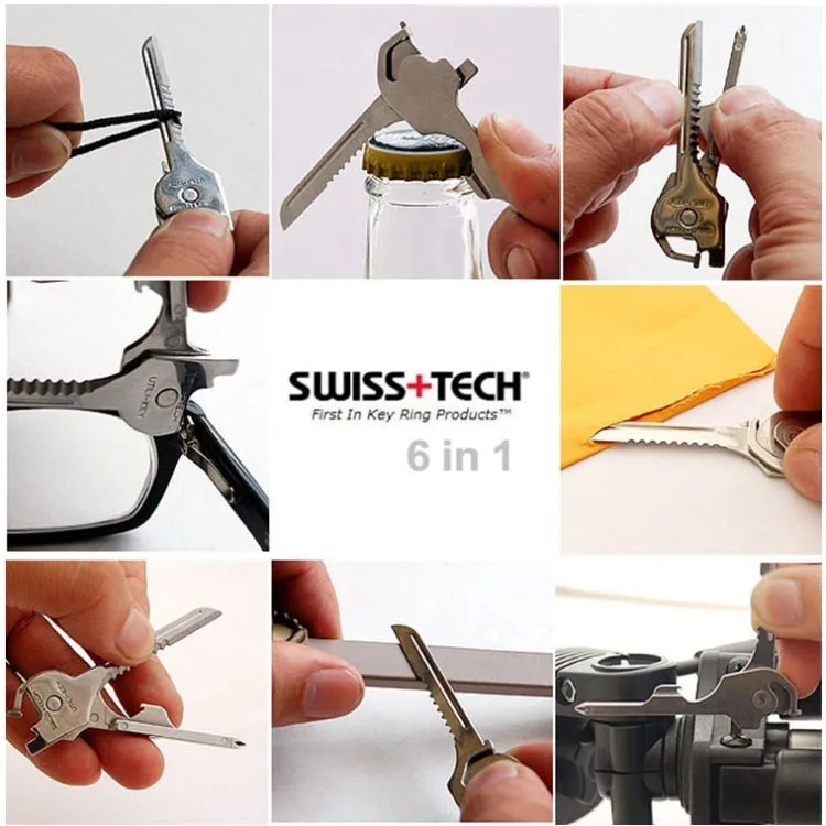 SWISS TECH Stainless Steel 6 in 1 Multi-function Outdoor Key Chain, Foldable Mini Tools Key Ring