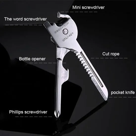 SWISS TECH Stainless Steel 6 in 1 Multi-function Outdoor Key Chain, Foldable Mini Tools Key Ring