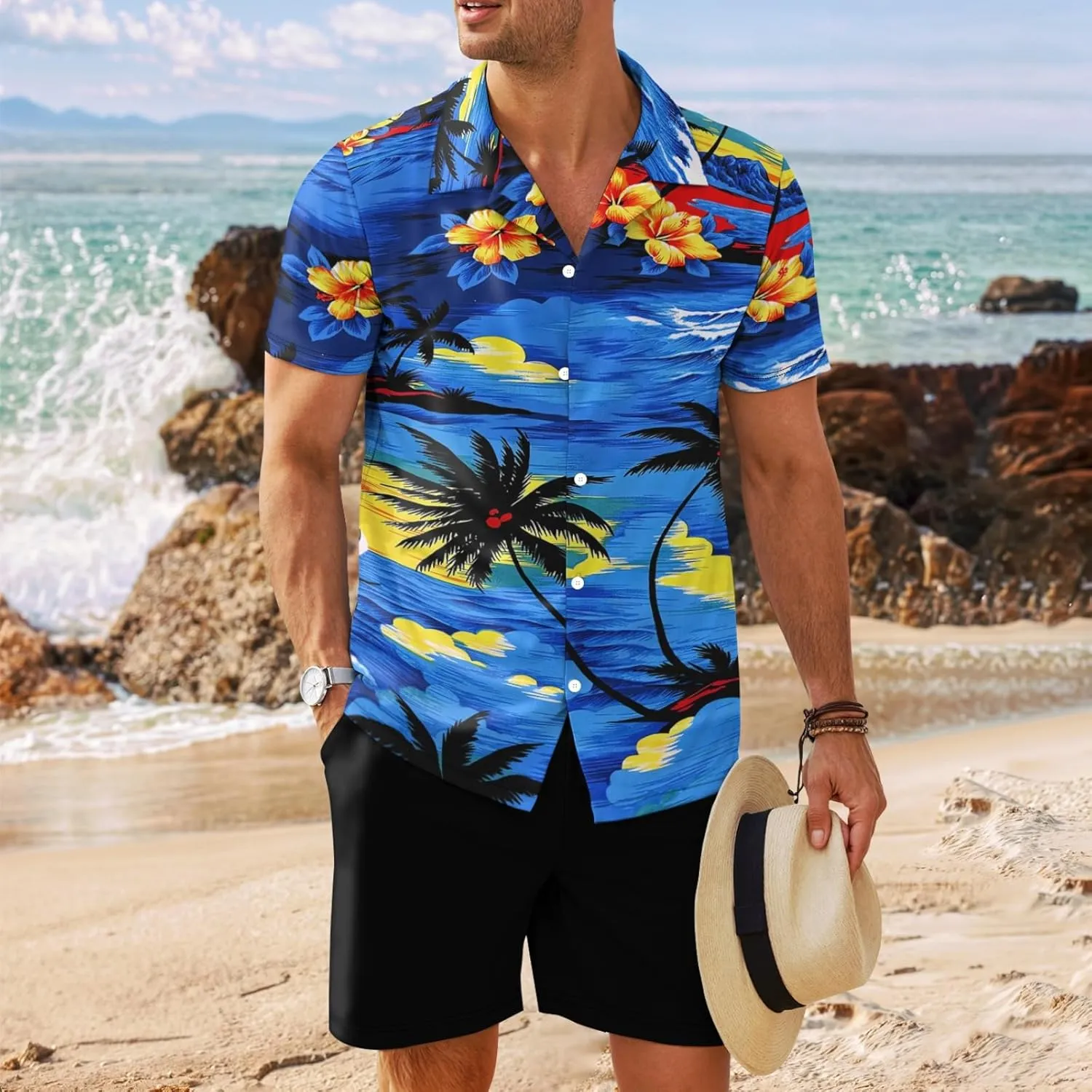 yolsun Men's 4th of July Button-Down Shirt - Casual Short Sleeve, American Flag Print, Independence Day Hawaiian Shirt