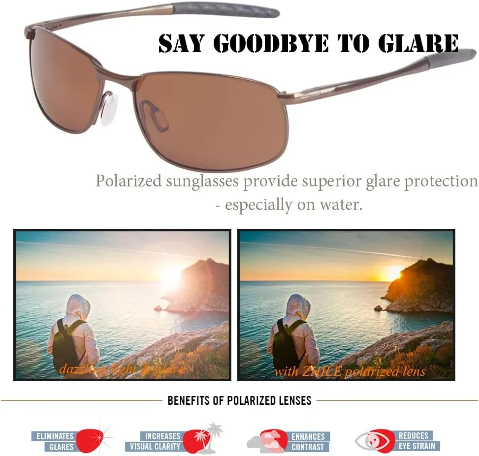 ZHILE Polarized Sunglasses for Men, 8-base Curve Wrap Metal Frame for Fishing Sporting Driving with Sunglasses Case