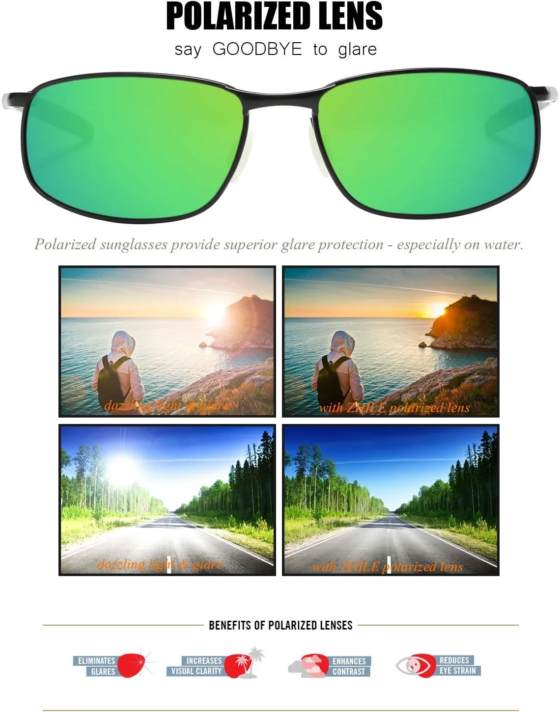ZHILE Polarized Sunglasses for Men, 8-base Curve Wrap Metal Frame for Fishing Sporting Driving with Sunglasses Case